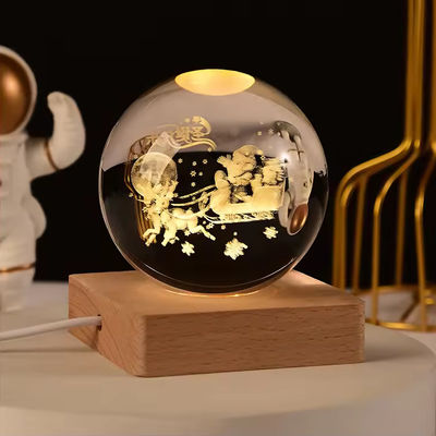 گلوله شیشه ای کریستالی چوبی سفید گرم 3D نور شب پایه ایستاده استند نمایش LED